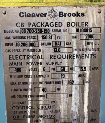 USED 2005 CLEAVER BROOKS CB 700-250-150