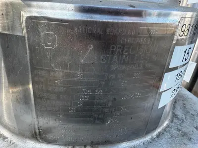 Tank, 13 Gallon (50 Liter), Jacketed, Agitated, 316 Stainless, 50 PSI, #5991455