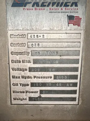 25 TON X 48" PREMIER HYDRAULIC PRESS BRAKE WITH CNC HURCO BACKGUAGE: STOCK #21973