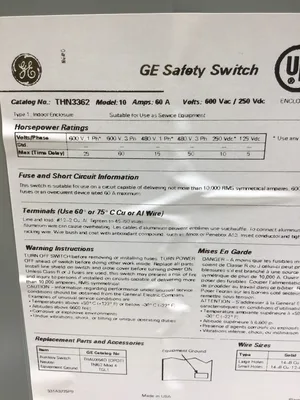 General Electric 19592 Safety Switch THN3362 60AMP