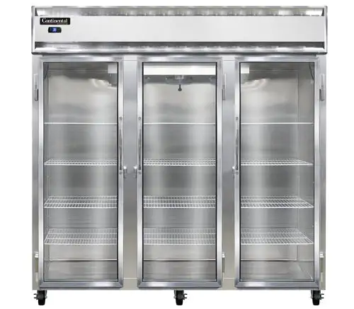 Continental 3RNSSGD 78" Three Section Reach In Refrigerator, (3) Left/right Hinge Glass Doors, Top Compressor, 115v