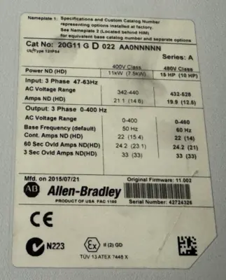 USED 20G11GD022AA0NNNNN POWERFLEX 755 SER. A 15HP