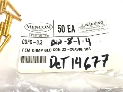 Mencom CDFD-0.3 Female Crimp Contact, Gold, Con 22-26AWG 10A PKG OF 50