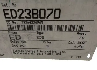 NEW SIEMENS ED23B070 CIRCUIT BREAKER 3 POLE 70 AMP 240V