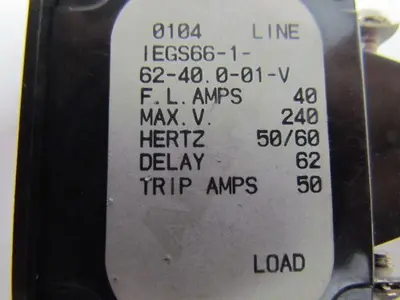 Airpax IEGS66-1-62-40.0-01V Circuit Breaker 240V FL Amp 40 50/60Hz Delay 62