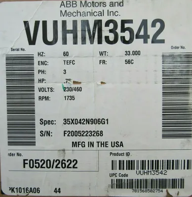 NEW BALDOR VUHM3542 MOTOR .75HP 230/460V 1735RPM 5/8" DIA. 35X042N906G1