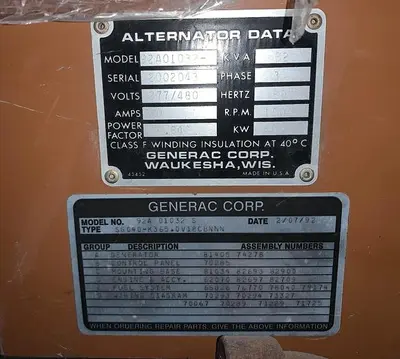 GENERAC 92A-01032-S, 62 KVA, 40 KW, 277/480 VOLT 60 HERTZ 3-PHASE GENERATOR