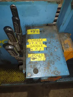 20,000 LBS X 54" X 36" BRANER HYDRAULIC COIL CAR UPENDER WITH POWER FEED CONVEYOR: YOBRO #25238