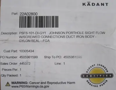 NEW KADANT 22A02800 PORTHOLE SIGHT FLOW PSFS-101-DI-GY1 PSF51DI