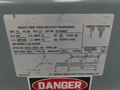 Square D 15T145HDIT Power Transformer 15kVA 3Ph HV 480D LV 460Y/266V Wye Output