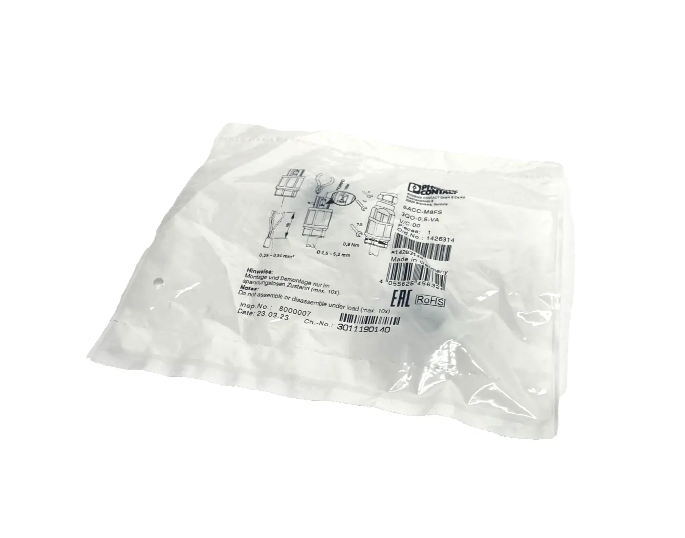 1426314,SACC-M 8FS-3QO-0,5-VA | Phoenix Contact SACC-M 8FS-3QO-0,5-VA Connector M8 Female 3-Pin 1426314 - New