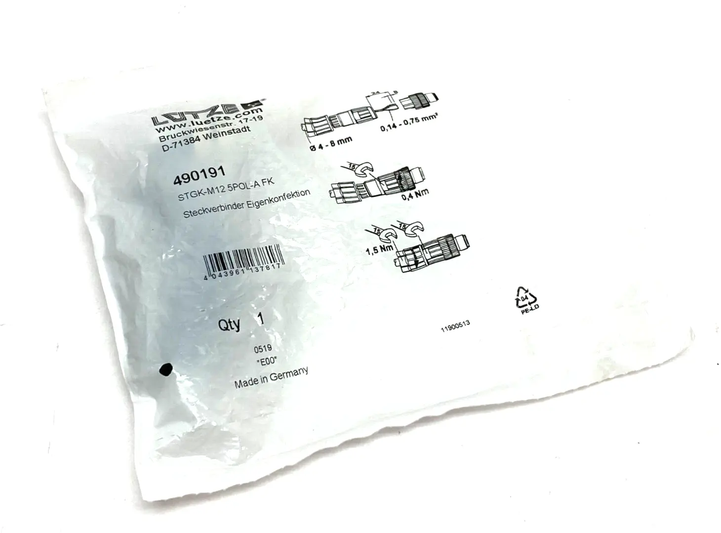 New | in-Stock LÜTZE 490191,STGK-M12 5POL-A FK Electrical Fittings Michigan US | Maverick Industrial Sales #1391306