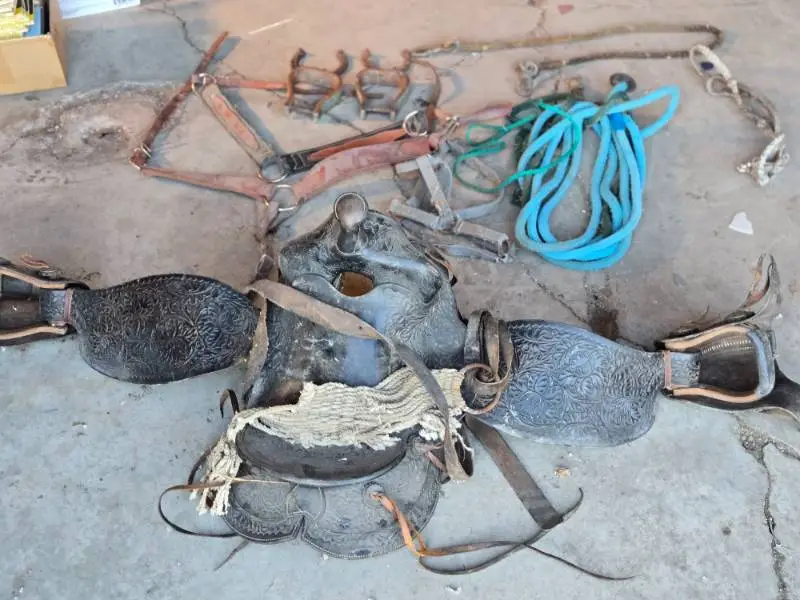Vintage Western Saddle and Tack Set including Saddle, Stirrups, Reins, and Rope