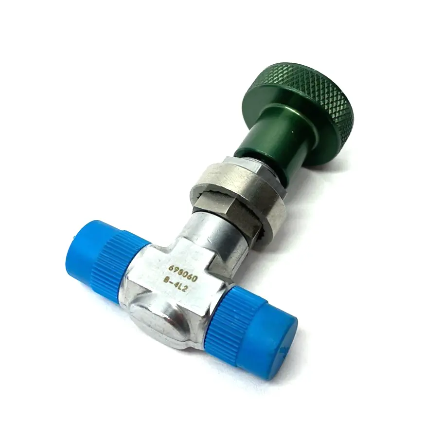 USED SWAGELOK CHROME-PLATED BRASS METERING VALVE, GREEN KNOB, KNURLED
