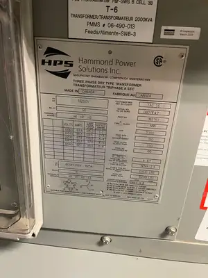 2000 kVA Transformer, 13200 pri. volts, 600Y/346 sec. volts