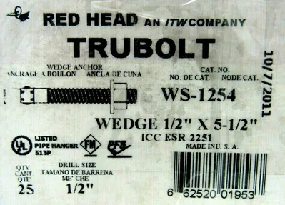 NEW WS-1254 TRUBOLT WEDGE ANCHOR 1/2″ x 5-1/2″ QTY 25 PER BOX WS1254
