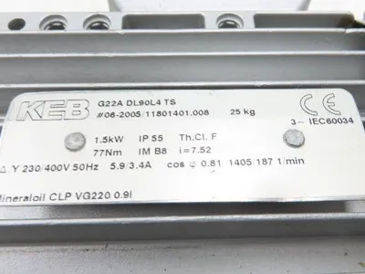 KEB G22A DL90L4 TS Inline Gearmotor 7.5:1 Reducer 187 RPM 1.5kw 230/400V 50hz