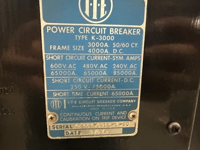 ITE K-3000 Power Circuit Breaker; 3000 amps, 600 volts.