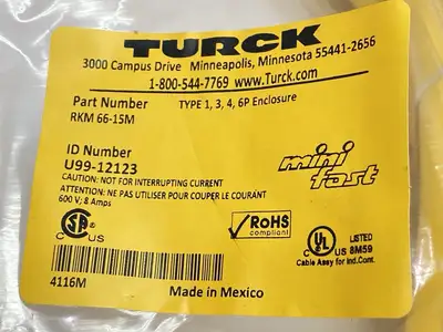 NEW TURCK MINI FAST ACTUATOR SENSOR CORDSET F 7/8" 6-PIN 15M U99-12123