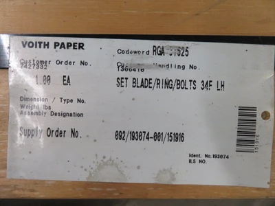 Blade Rings and Bolts for Voith 34F LH Pulper, Unused