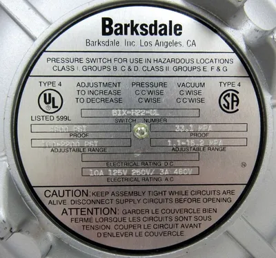 NEW BARKSDALE B1X-H22-UL PRESSURE SWITCH B1XH22UL