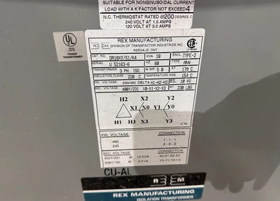 REX 18KVA TRANSFORMER HV: 230/460 LV: 400Y/23