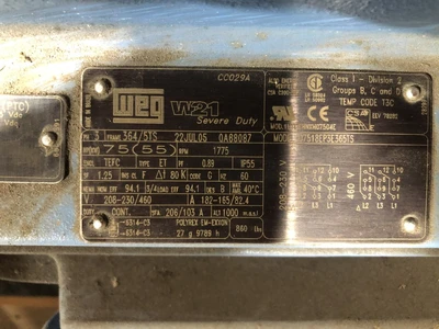 WEG 07518EP3E365TS 75 HP 1775 RPM Motor