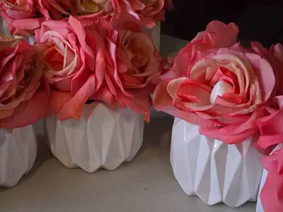 Lot of (5) Silk Faux Rose Boquet Arrangement in White Ceramic Vase (pink)