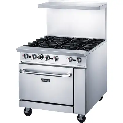 New | in-Stock Dukers New Dukers DCR36-6B 36" Gas Cooktop Range with Six (6) Open Burners Commercial Ranges Illinois US | Falcon Restaurant Supply #1376299