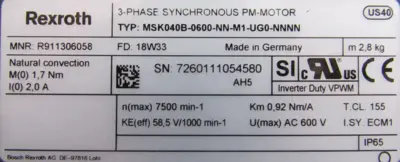 REFURBISHED REXROTH R911306058 SERVO MOTOR MSK040B-0600-NN-M1-UG0-NNNN