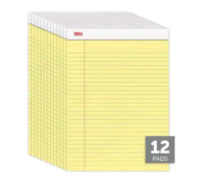 Office Depot Writing Pads, 8 1/2" x 11 3/4", 50 Sheets, Canary, Pack Of 12