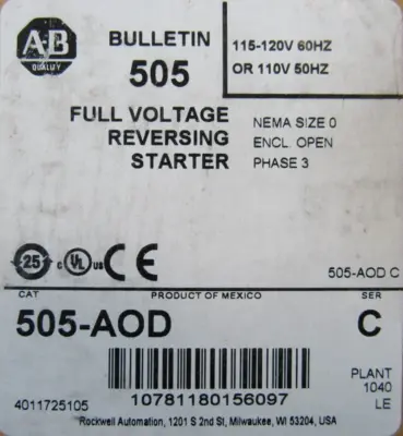 ALLEN BRADLEY 505-AOD REVERSING STARTER SIZE 0 SER.C 505AOD NEW SURPLUS