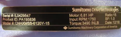 NEW SUMITOMO CNHXMS5-6120Y-15 GEARMOTOR 15:1 5HP 230/460V PA195836 1.5" DIA.