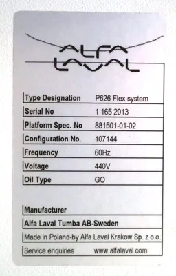 Alfa-Laval P-626 lube oil purifier, 316SS.