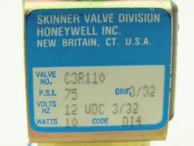Honeywell Skinner C3R110 Solenoid Valve 3-Way NC 12VDC 75 PSI 1/8" NPT