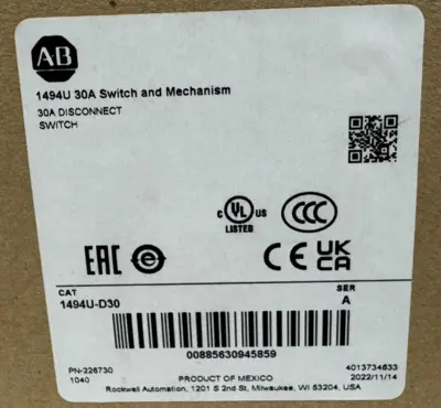 ALLEN BRADLEY 1494U-D30 DISCONNECT SWITCH SER. A 30A NEW SURPLUS