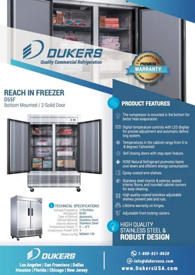 New | in-Stock Dukers New Dukers D55F Stainless Steel Solid 2-Door Commercial Reach-in Freezer Freezers Illinois US | Falcon Restaurant Supply #1376319