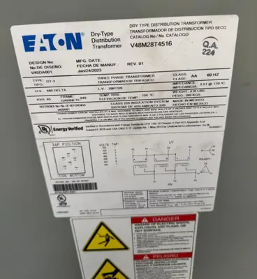 Eaton V48M28T4516 Dry Type Transformer 45KVA