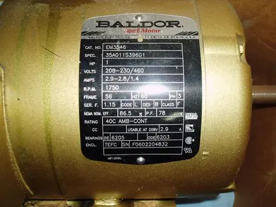 Motor, 1 HP, Baldor, 1750 RPM Out, 208-230/460V (2) #S743674