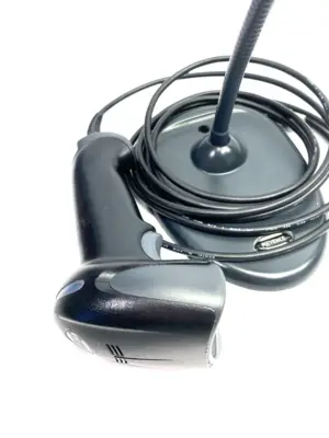 USED KEYENCE REV. H STANDARD CODE READER, WIRED, RED LED W/ COMM CABLE & STAND