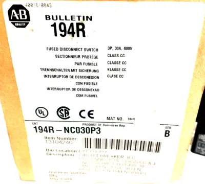 ALLEN BRADLEY 194R-NC030P3 DISCONNECT SWITCH 3P 30A 600V 194RNC030P3 NEW,SURPLUS