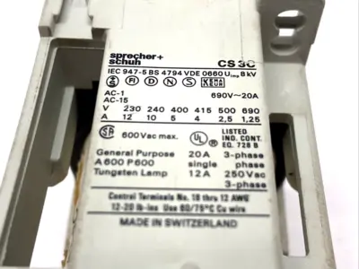 CS3C-22E | Sprecher+Schuh  Contactor 12Vdc Coil 20A - Used