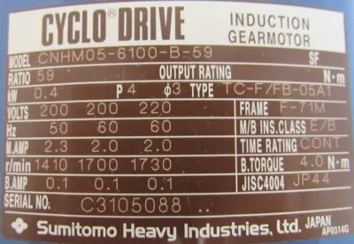 NEW SUMITOMO CNHM05-6100-B-59 GEAR MOTOR 59:1 CNHM056100B59