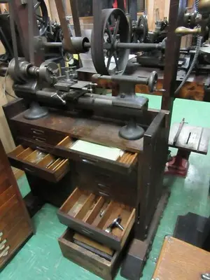 5794-385 Antique American Watch Tool Co. Watchmaker’s Lathe with Wood Enclosure