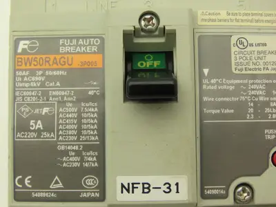 Fuji Electric BW50RAGU-3P005 3-Pole Auto Circuit Breaker 5A 500V 3Ph Lot of 9