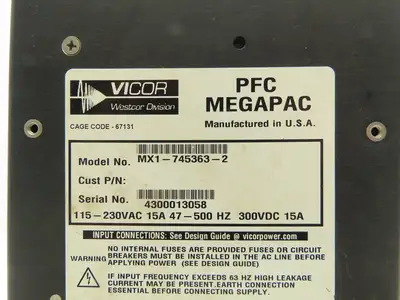 Vicor MX1-745363-2 PFC Megapac 300VDC Power Supply 115-230VAC 15A 47-500Hz