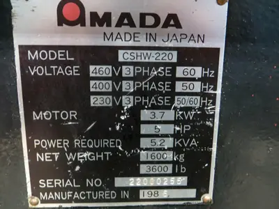 .236 x 8.66 x 8.66 Amada Hydraulic Power Notcher Model CSHW-220