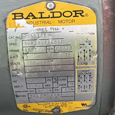 Used Baldor BM3611T A.C. Motors California US | Davliegogo LLC #1705372