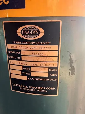 Una-Dyn 30 CFM Desiccant Dryer Model UDC-30 With 100# Solid Cone Hopeer