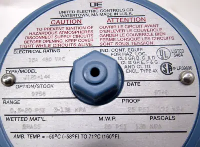NEW UNITED ELECTRIC J120-144 PRESSURE SWITCH 15A 480VAC J120144
